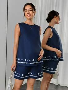 SHEIN Maternity Floral Print Tie-Front Top And Drawstring Waist Shorts Casual Daily Outfit - Blue - View 2