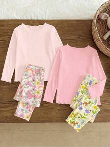 Conjunto de varias piezas con volantes y bloques de color para niñas bebé, estilo princesa dulce y campestre con estampado floral de ciervo, colores macaron encantadores, diseño retro fresco, apto para todas las estaciones, amigable con la piel - Multicolor - Ver 2
