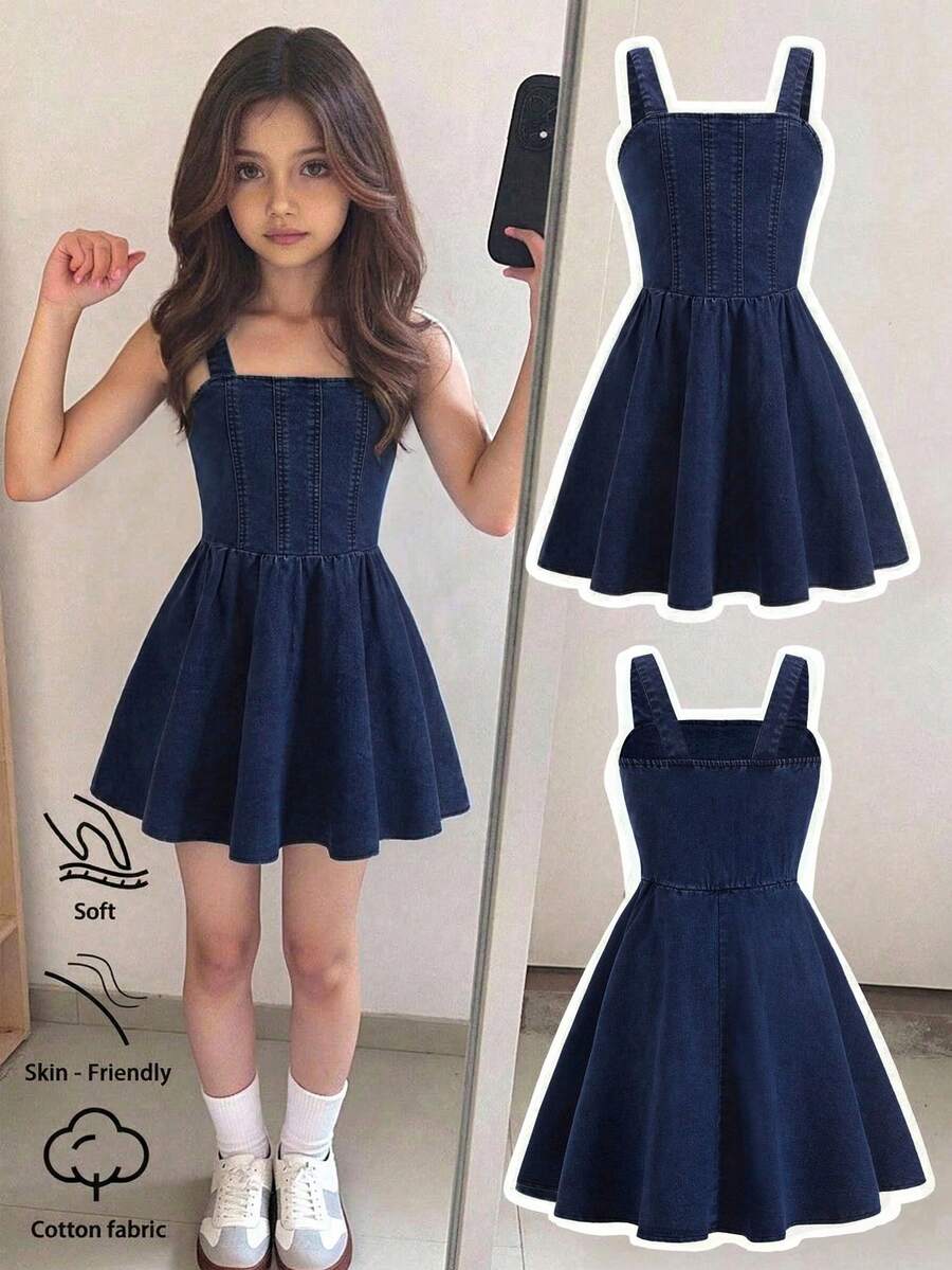 SHEIN 青少年女孩可愛甜美拼接A字裙襬細肩帶洋裝,夏季薄款新品,水洗深牛仔藍,休閒甜美街頭時尚度假設計 - 深色水洗藍 - 查看 1
