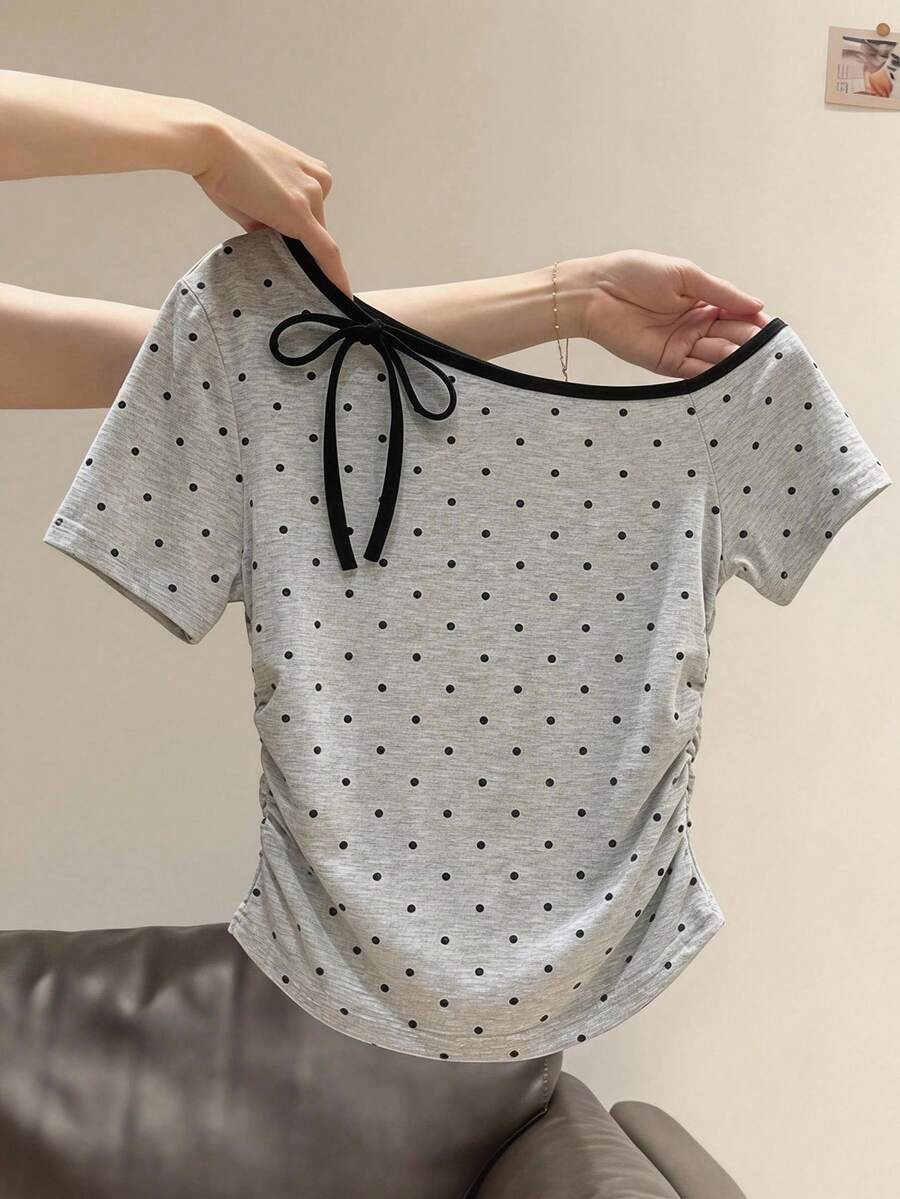 Elladie kids 青少年女孩蝴蝶印花不對稱肩短袖上衣，休閒舒適適合春夏，百搭夏季穿搭適用於戶外活動、野餐、街拍、度假、假日及禮物 - 灰色 - 查看 1