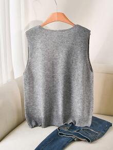 CosyJoli Plus Size Elegant French Casual Beaded Knit Hollow Diamond Lattice Commute Versatile Romantic Pullover Tank Top For Women Fall/Winter - Grey - View 3