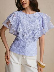 CielaLinda 女款荷葉邊刺繡短袖上衣 - 藍色 - 查看 3