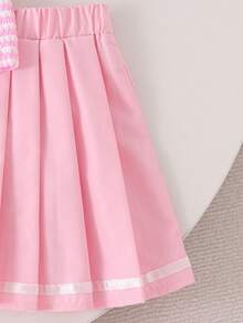 Elladie kids 2件組小女孩學院風甜美夏季條紋無袖POLO領上衣 3D花朵裝飾百褶裙套裝 - 粉色 - 查看 7