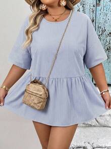 SHEIN CURVE+ Plus Size Women's Casual Loose Comfortable Daily Short Sleeve Black Shirt, Outdoor Top, Cute Curve Top, Work Blouse, Ladies Shirt - Blue - View 1