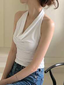 DAZY Summer Sexy Solid Color Cowl Neck Backless Halter Top - White - View 3