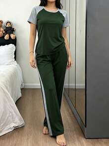 Dream Adore Conjunto de pijama casual de mujer con manga raglán y pantalones largos - Verde - Ver 4