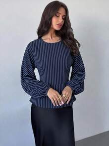 Firerie 女款新款極簡優雅浪漫休閒都市通勤條紋時尚百搭海軍藍圓領蝙蝠袖長袖收腰抓皺X型修身襯衫，適合教師，秋季穿著 - 藏蓝色 - 查看 4