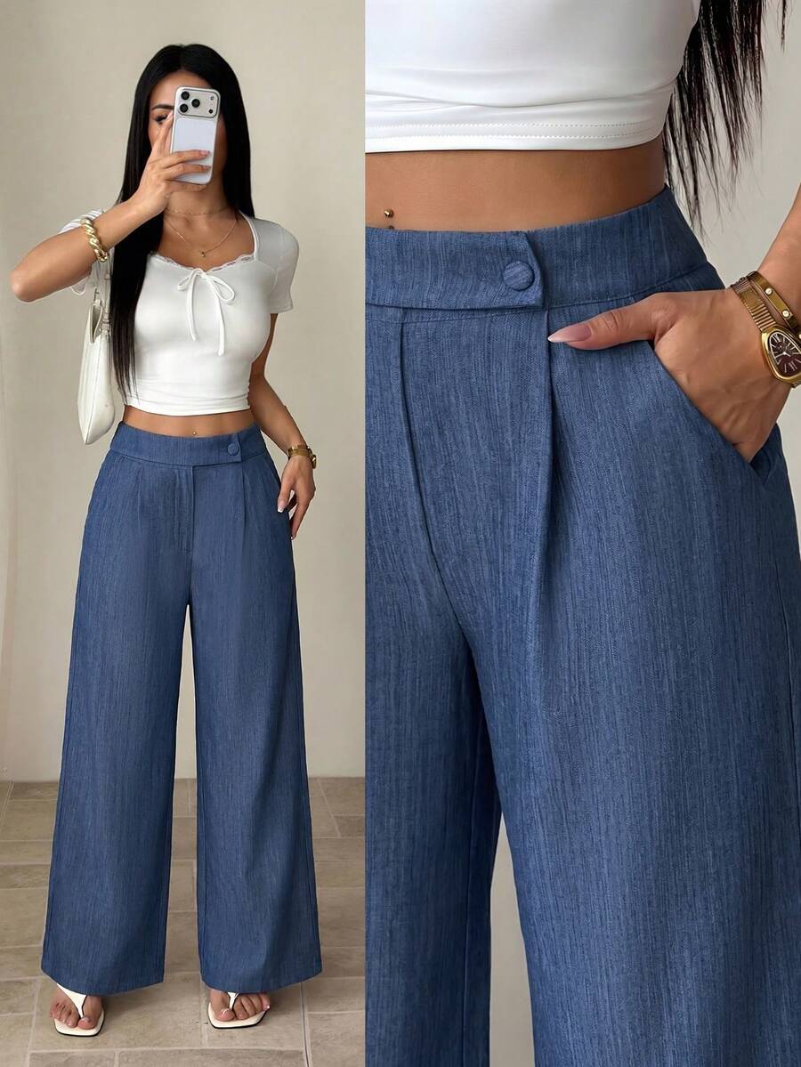 SHEIN PETITE 女款竹纖維面料腰前疊層扣飾設計優雅教師制服 專業休閒風,適合嬌小女性 - 霧霾藍 - 查看 1