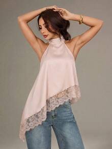 SHEIN PETITE 不對稱高領掛脖上衣 蕾絲飾邊 晚宴派對款 - 淺粉色 - 查看 11