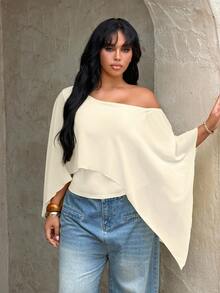 Rustia Plus Size Women's Solid Color Asymmetrical Shoulder Casual Versatile Everyday T-Shirt - Apricot - View 6