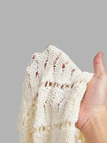 SHEIN MOD Elegant Boho Women's Crochet Knit Bell Sleeve Crop Top Casual Hollow Out Sweater, Autumn Beach Vacation, Shopping, Party Attire Beige - Apricot - View 9