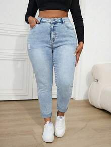 SHEIN ICON Plus Size Distressed Blue Denim Skinny Jeans - Light Wash - View 3