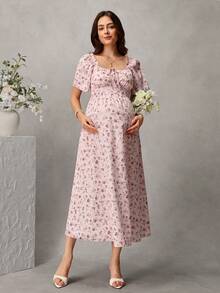 SHEIN 女款舒適粉色花卉拼接休閒孕婦洋裝 - 粉色 - 查看 5