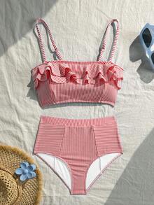 Swim Mod 女款條紋短版荷葉邊下擺吊帶上衣與三角比基尼泳褲泳裝套裝 - 紅色 - 查看 2