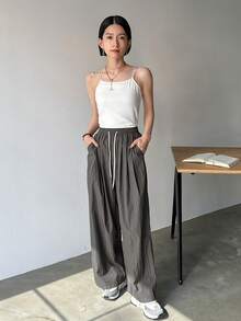 FRIFUL 女性直筒鬆身束口長褲 - 灰色 - 查看 5