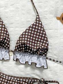 Swim Mod 女款夏季海灘純色荷葉邊掛脖綁帶兩件式比基尼泳衣套裝 - 彩色 - 查看 6