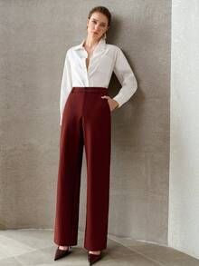 MOTF PREMIUM Pantalones de pierna recta color borgoña para mujer - Burdeos - Ver 6