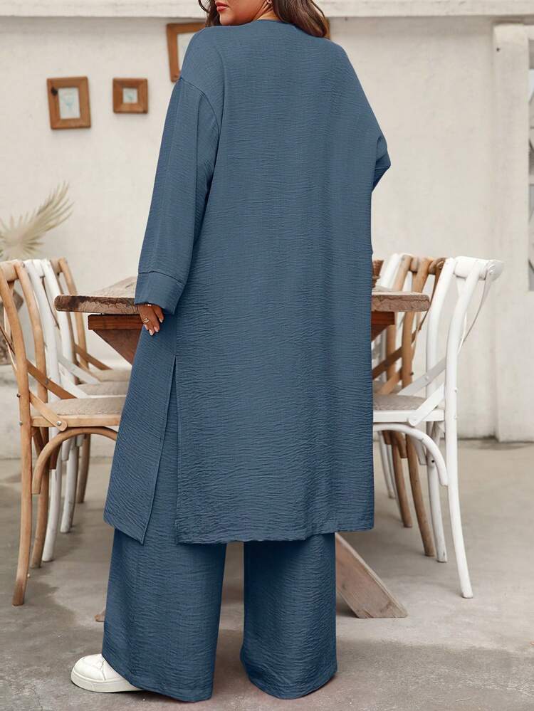 EMERY ROSE Plus Size Long Cardigan Shirt & Straight Leg Pants Casual Vacation 2 Pieces Set - Dusty Blue - View 2