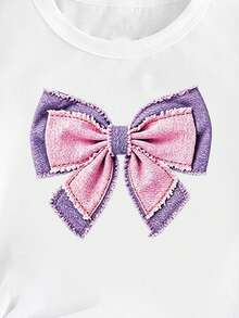 Elladie kids 春、夏、秋季：時尚創意清新簡約粉紫色蝴蝶結印花女童基本款短袖T恤 - 舒適日常穿著 - 白色 - 查看 7