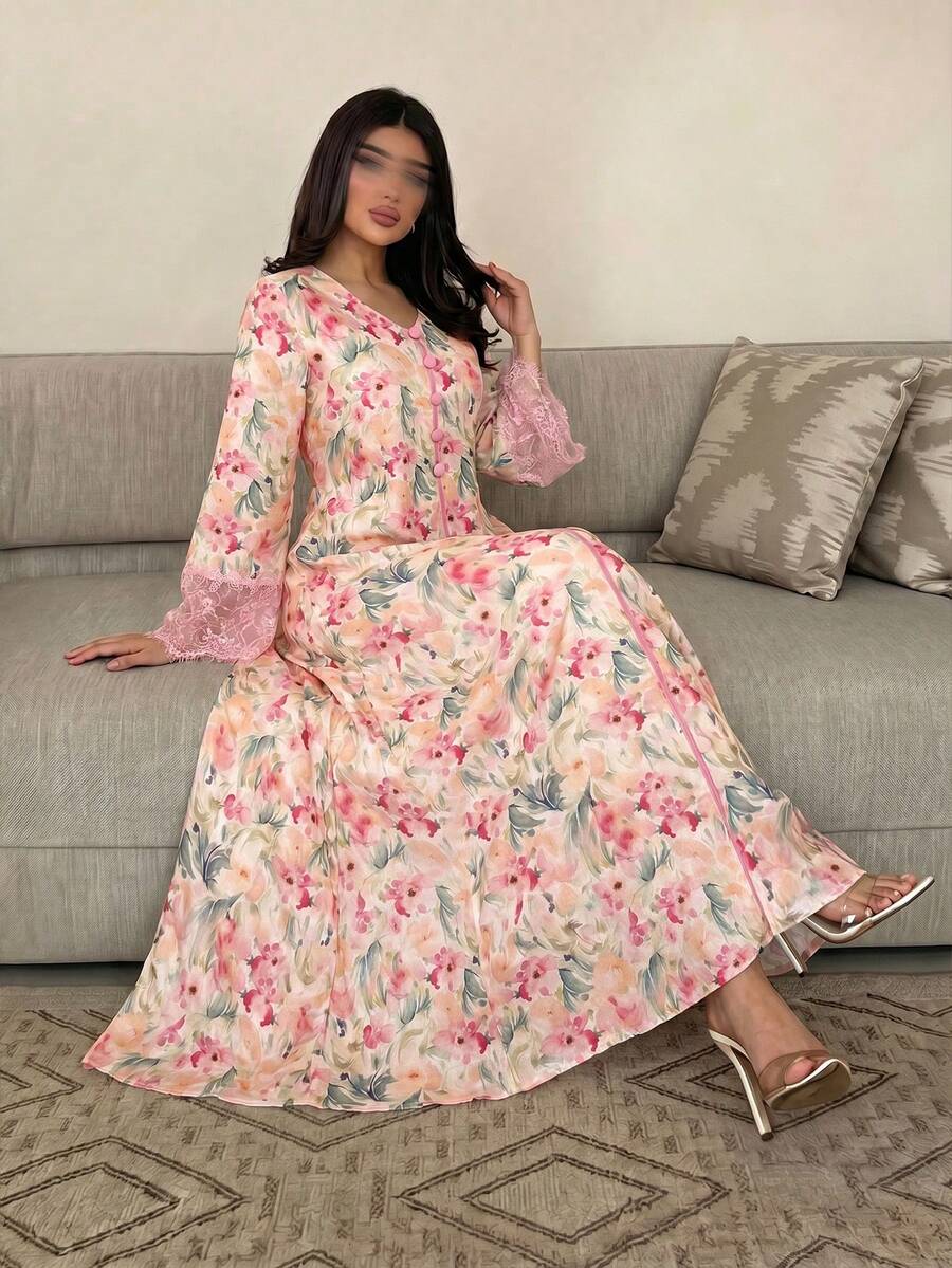 Yasmyna V-Neck Lace Cuff Print Dress With Headscarf