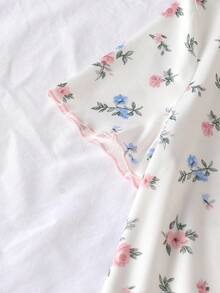 少女睡衣兩件套，優雅清新碎花配色塊波浪飾邊，3D蝴蝶結裝飾，短袖上衣與長褲家居休閒睡衣，1套 - 白色 - 查看 3