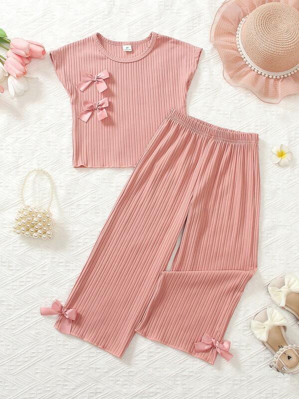 2pcs Young Girl Sweet Girly Style Pink Ribbed Bow Short Sleeve Top And Matching Wide Leg Pants Set, Ribbed Fabric Skin-Friendly And Comfortable, Bow Design Playful And Cute, Loose Fit Suitable For All Body Types, Perfect For Home, Daily Outings, Weekend Picnics, Parks, Back To School, Spring And Summer