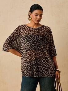 Travachic Plus Size Women's Leopard Print Round Neck Short Sleeve Casual Loose Fit T-Shirt Fall - Multicolor - View 5