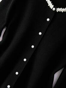 GlowEve CURVE Plus Size Elegant Fitted Pearl Button Round Neck Long Sleeve Cardigan Women Fall Winter Sweater Autumn Outfit - Black - View 6