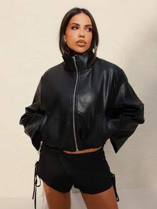 Maju Mazalli High Neck Cinched Waist Zip Front Faux Leather Jacket Cropped Jacket Fashion Streetwear Black - Black - View 5