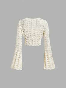 SHEIN MOD Elegant Boho Women's Crochet Knit Bell Sleeve Crop Top Casual Hollow Out Sweater, Autumn Beach Vacation, Shopping, Party Attire Beige - Apricot - View 5