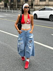 Coolane Women's Summer Streetwear Grunge Y2k Back-To-School Casual Vintage Cotton Wash Low Waist Denim Shorts Bermuda Capri Jeans Ripped Night Out Aqua Blue - Light Wash - View 7