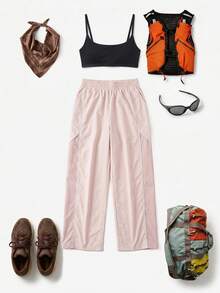 SHEIN Women's Solid Color Elastic Waist Straight Leg Outdoor Pants - Dusty Pink - View 2