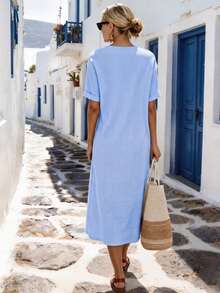 SHEIN Franclia Women's New Light Blue Notched Collar Loose Short Sleeve Casual Minimalist Modest Dress For Outing Vacation, Commute, Holiday, Beach And Party Summer - Blue - View 2