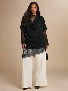 SHEIN BAE CURVE (NO Dress)Plus Size Women's Black Lace Patchwork Top,Everyday Casual T-Shirt,Autumn Solid Color Asymmetrical Hem T-Shirt,Spring & Summer ,Black Top - Black - View 3