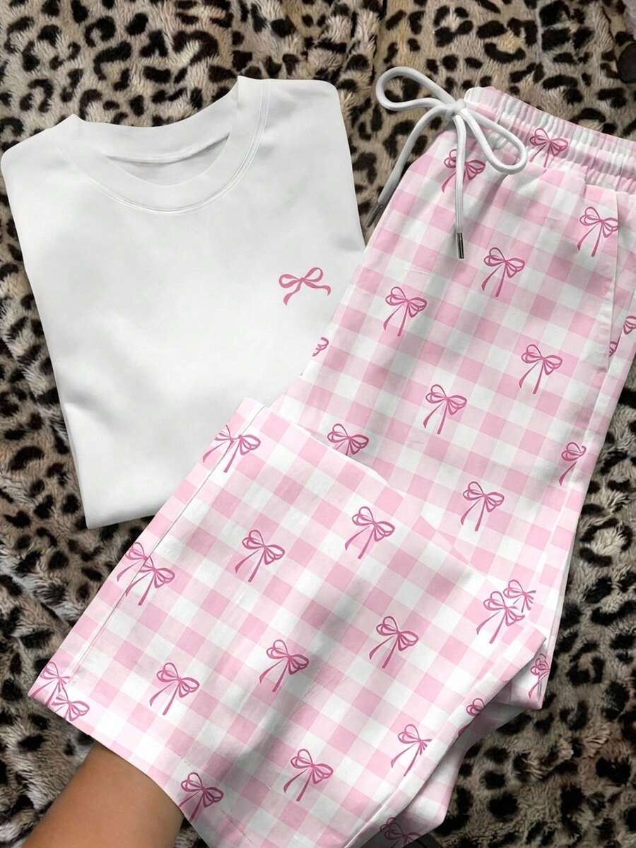 Divinelle 女士休闲家居服圆领短袖上衣和粉色印花长裤套装，蝴蝶印花，女士休闲装 - 彩色 - 查看 1