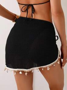 Swim Lushoire Women's Summer Beach Vacation Drawstring Ruched Starfish Shell Tassel Solid Color Special Texture Fabric Split Hem Skirt - Black - View 3