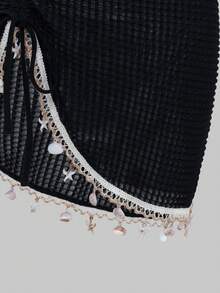 Swim Lushoire Women's Summer Beach Vacation Drawstring Ruched Starfish Shell Tassel Solid Color Special Texture Fabric Split Hem Skirt - Black - View 7