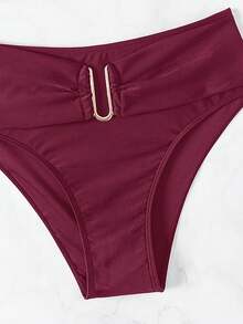 SHEIN Swim 2026 Spring/Summer Women's Burgundy Adjustable Thick Strap Solid Color Gold U-Shape Decor High Cut Bikini Bottom Two Pieces Swimsuit Set - Burgundy - View 9