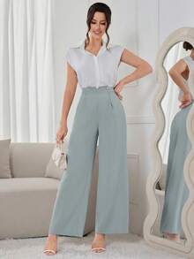 Modelyn Women's Solid Color Waist Button Design Wide Leg Loose Elegant Pants - Blue - View 7