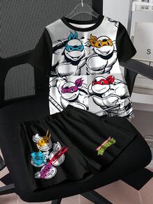 TEENAGE MUTANT NINJA TURTLES | SHEIN Young Boy Contrast Color Cartoon Print T-Shirt And Shorts Set - White - View 1