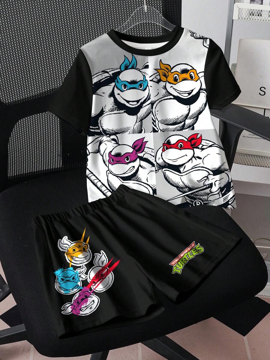 TEENAGE MUTANT NINJA TURTLES | SHEIN Young Boy Contrast Color Cartoon Print T-Shirt And Shorts Set - White - View 1