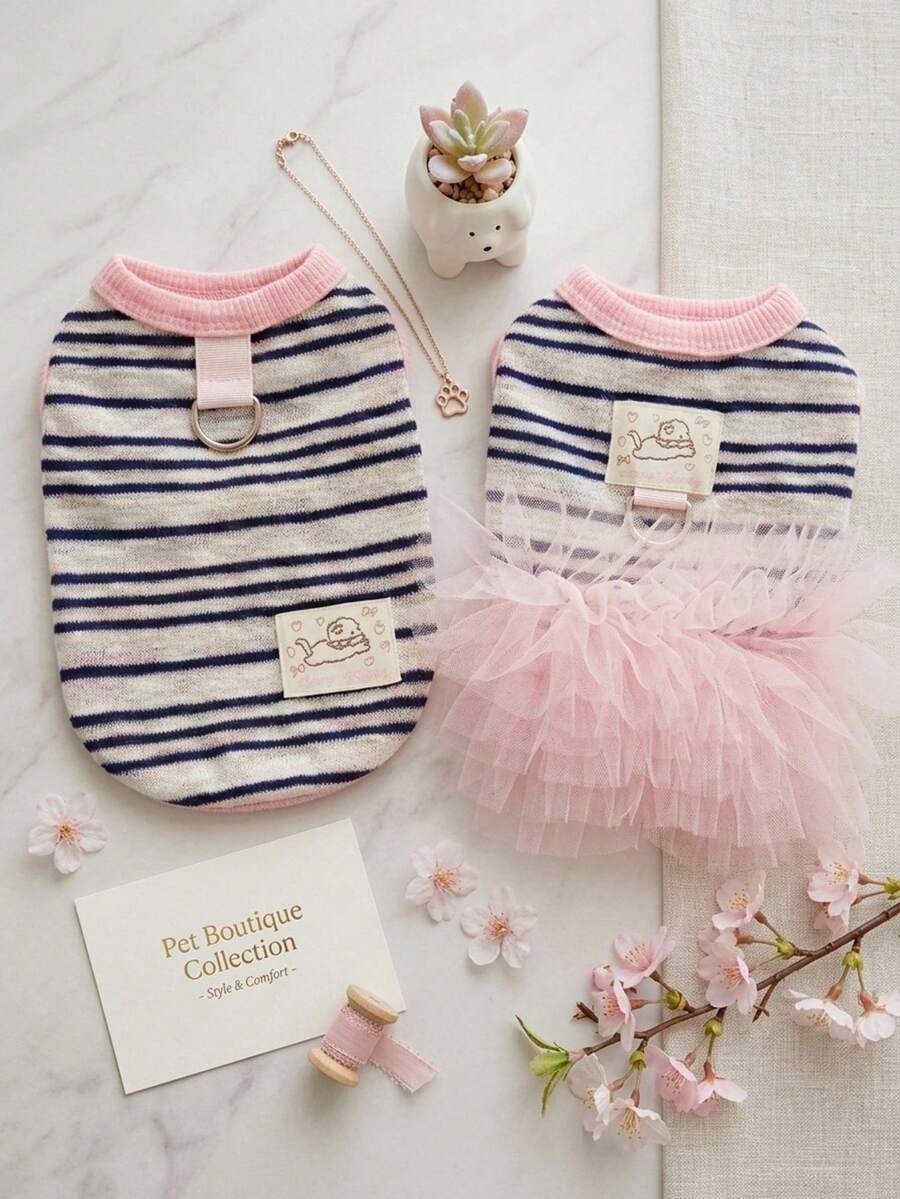 PETSIN 1PC Breathable Sun Protection Pet Puff Dress, Korean INS Striped Couple Outfit For Small Dogs Cats Spring Summer - Navy Blue - View 1