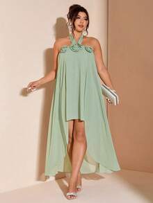 Cravure Women's Chiffon Halter Neck Floral Romantic Elegant Plus Size Solid Color Dress Summer Brown - Green - View 6