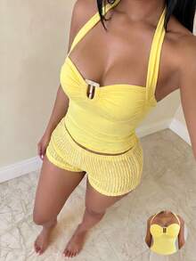 Sirith Bestselling Sleeveless Fitted Crop Top, Elegant Tropical Solid Color Blouse For Women Holiday Beach Vacation Yellow Summer - Yellow - View 3