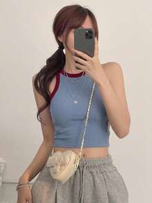 DAZY 女款拼色短版日常健身基礎運動背心 夏季 - 藍色 - 查看 5
