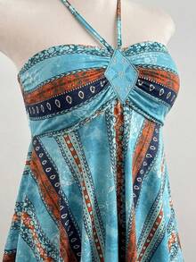 Sunspun 大尺碼女款拼色百褶休閒波希米亞風掛脖洋裝，淺藍色，適合約會、度假、海灘派對，夏季穿著 - 彩色 - 查看 4