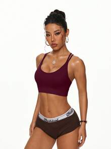 SHEIN Cheerettes 女款純色交叉背設計時尚運動內衣 - 中紫紅色 - 查看 5