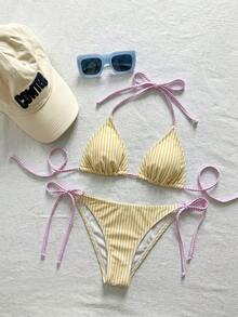 Swim Mod Women's Summer Beach Striped Halter Neck Tie Sexy Fashion Bikini Two-Piece Swimsuit Set - Light Yellow - View 4