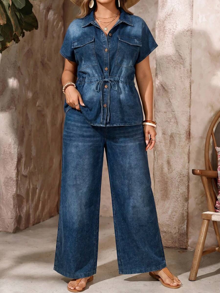 EMERY ROSE EMERY ROSE Set casual in denim da donna taglie forti, due pezzi con camicia monospalla con laccio in vita e pantaloni