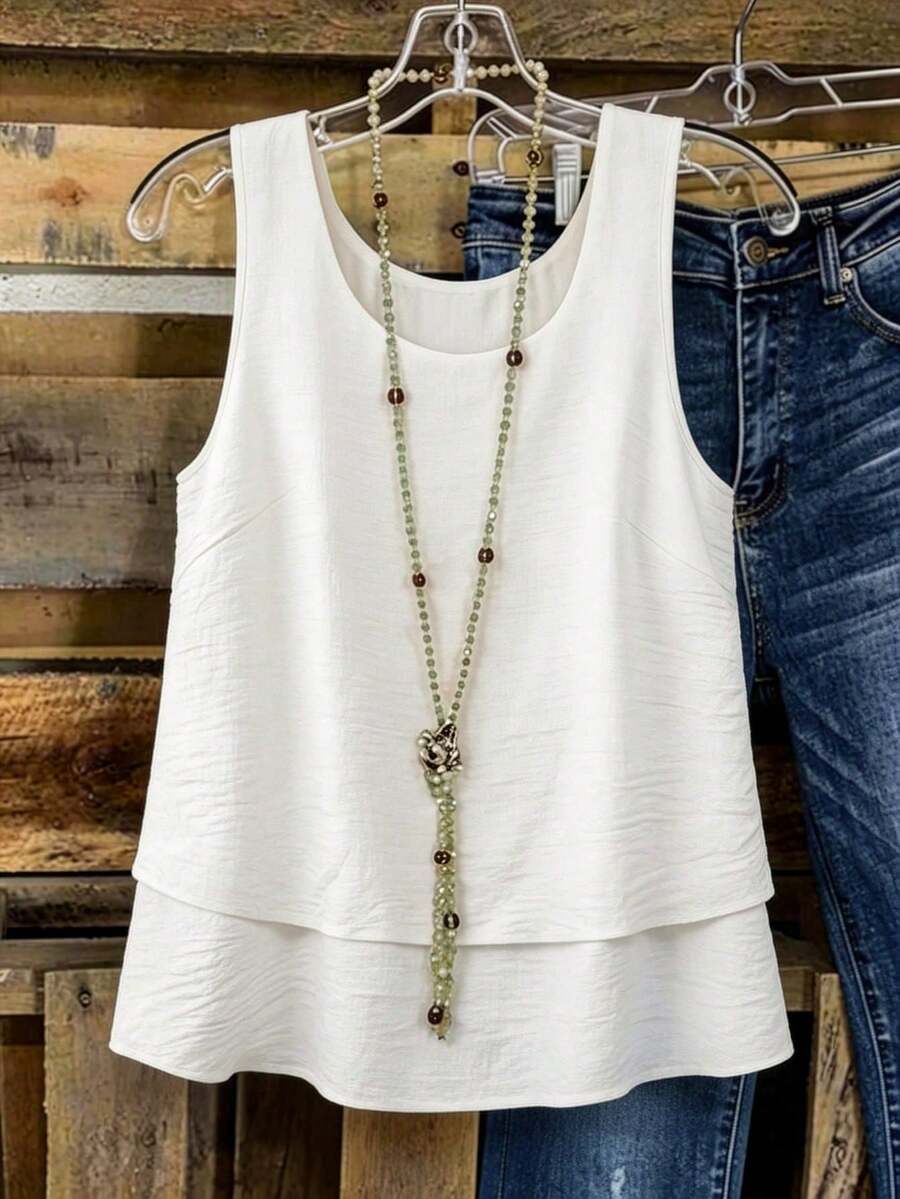 Linhara Round Neck Sleeveless Double-Layer Design Apricot Plus Size Camisole And Tank Top, Suitable For Spring, Summer And Autumn - White - View 1